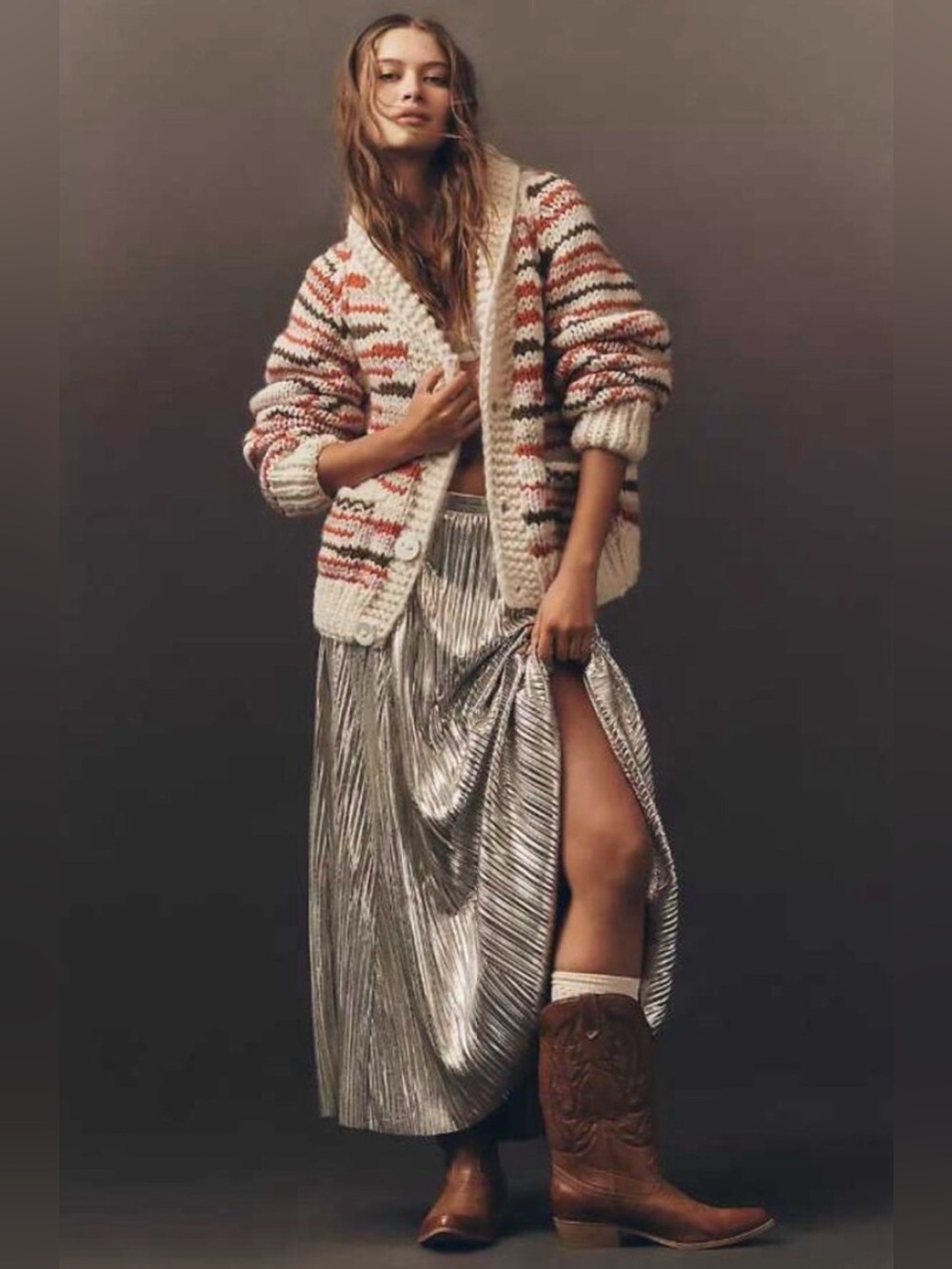 Anthropologie Metallic Silver Pleated Maxi Skirt - NWOT